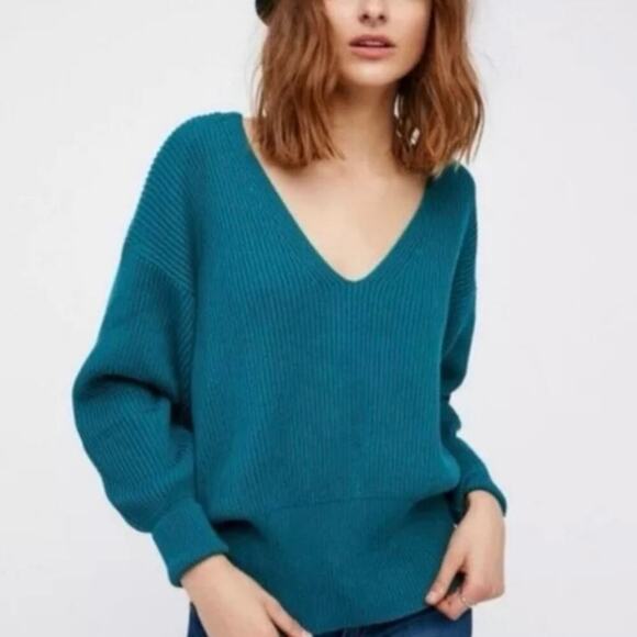 NWT Free People Allure V Neck Ribbed Pullover Sweater in Turquoise Size XS - Picture 1 of 9